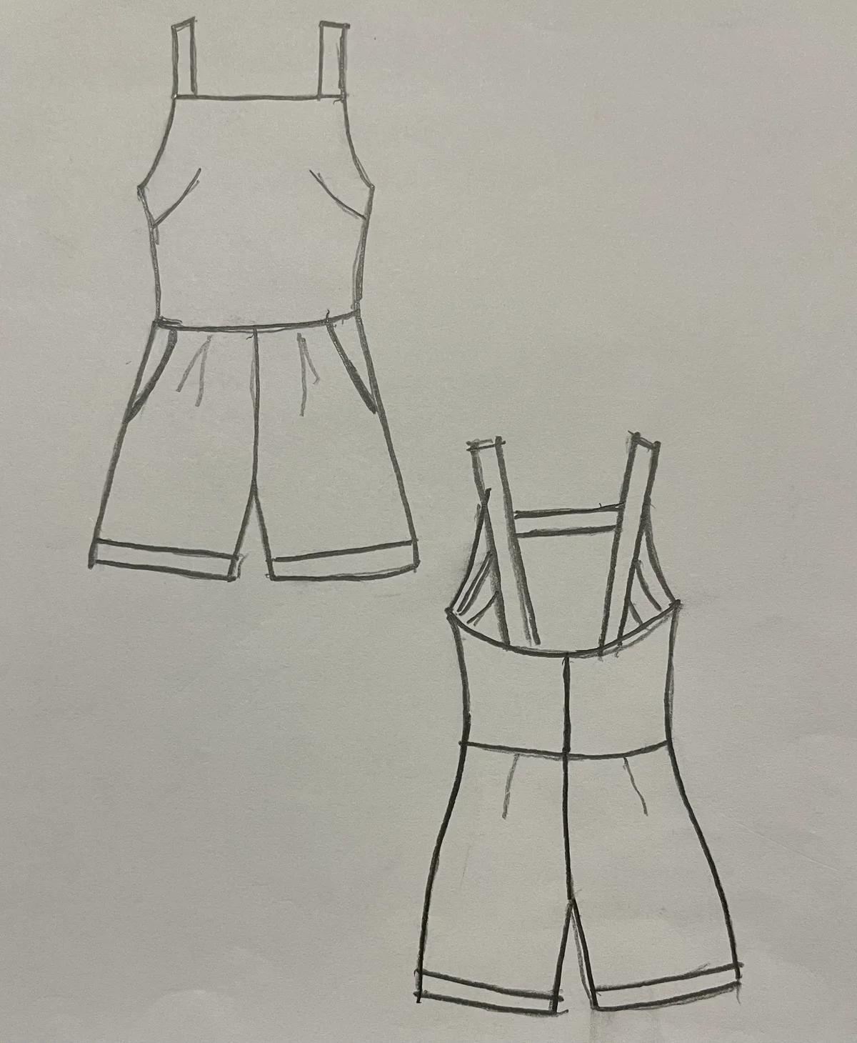 Hand-drawn front and back design sketch of the Jogger Jumpsuit on DIYO