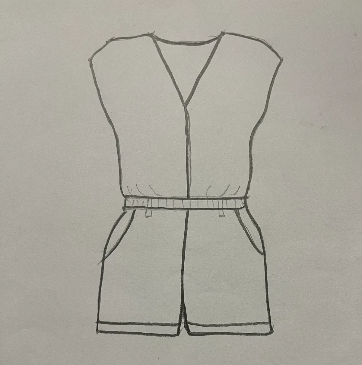 Hand-drawn front and back design sketch of the Romper Style Jumpsuit on DIYO