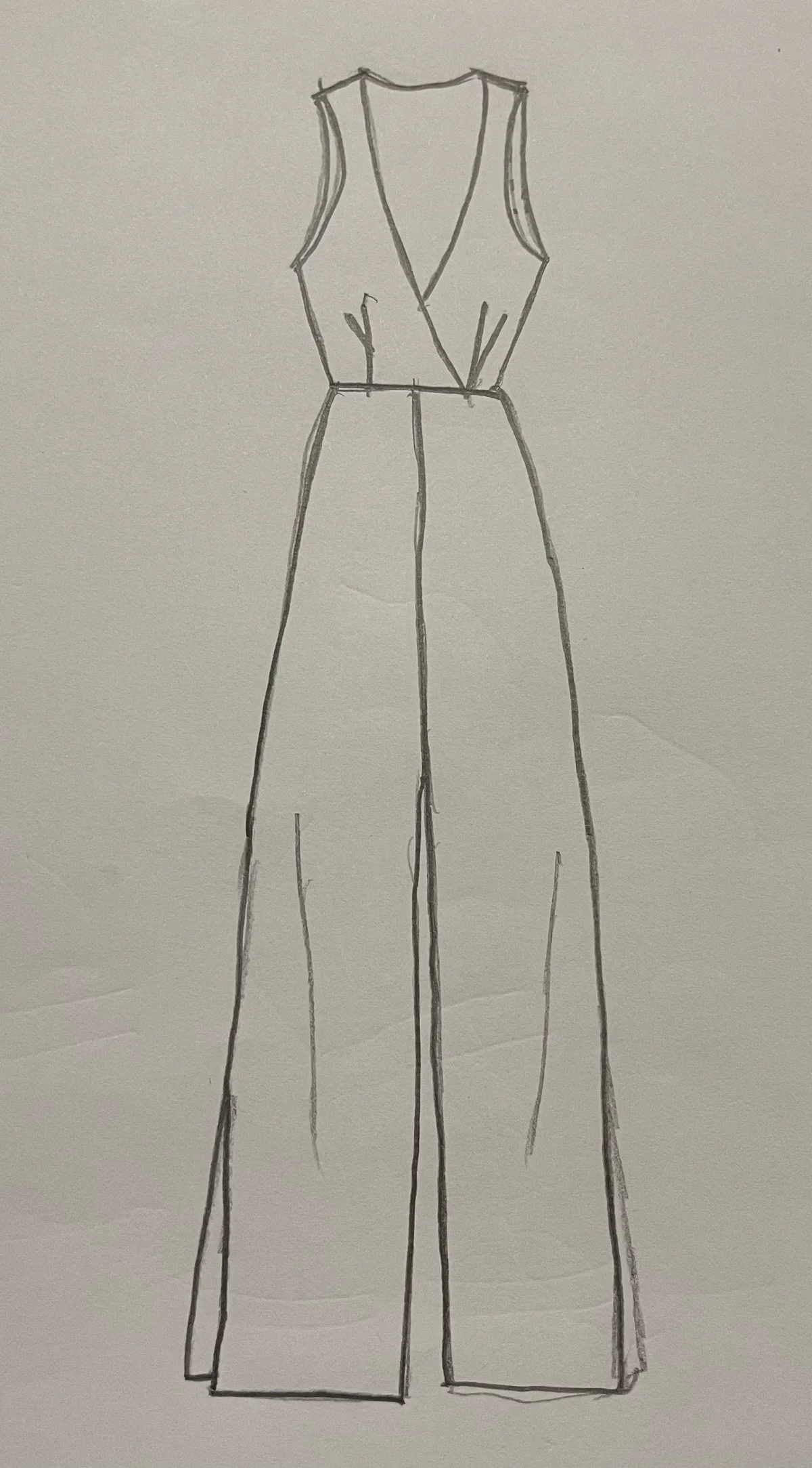 Hand-drawn front and back design sketch of the Halter Jumpsuit on DIYO