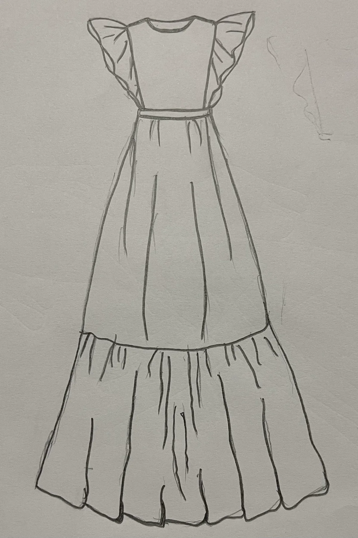 Hand-drawn front and back design sketch of the Tea Length Dress on DIYO