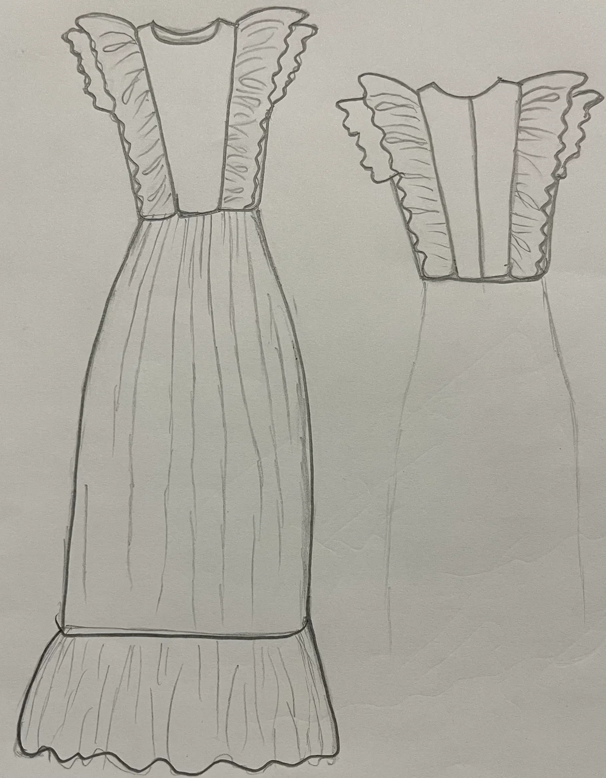 Hand-drawn front and back design sketch of the Peplum Dress on DIYO