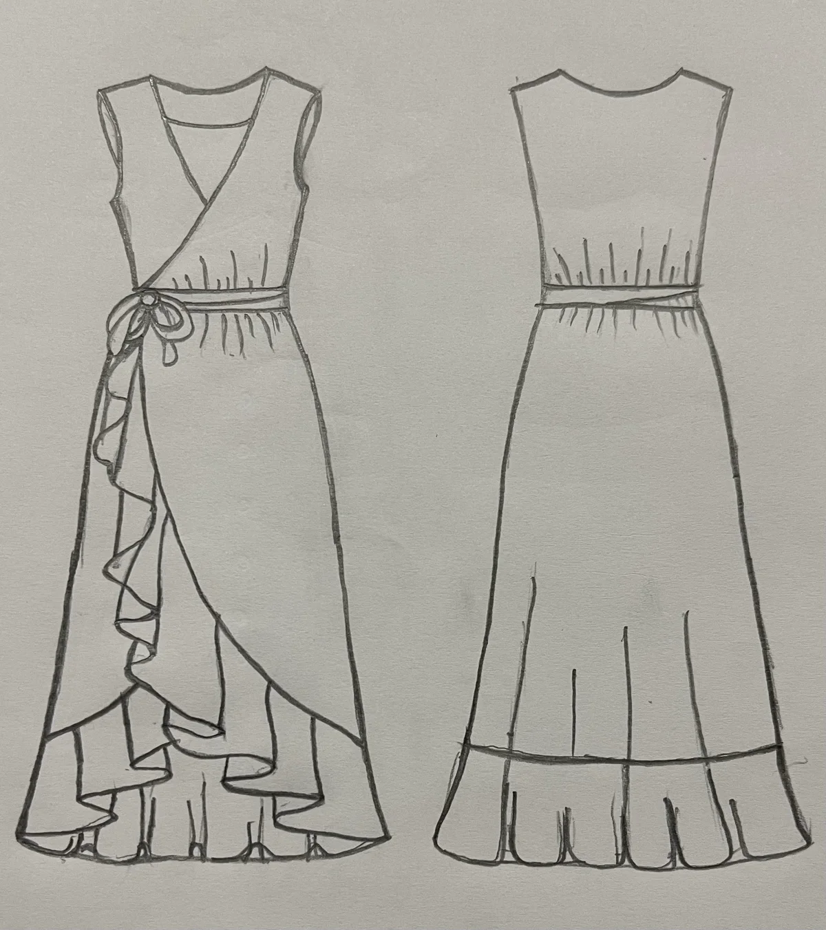 Hand-drawn front and back design sketch of the Midi Shirt Dress on DIYO