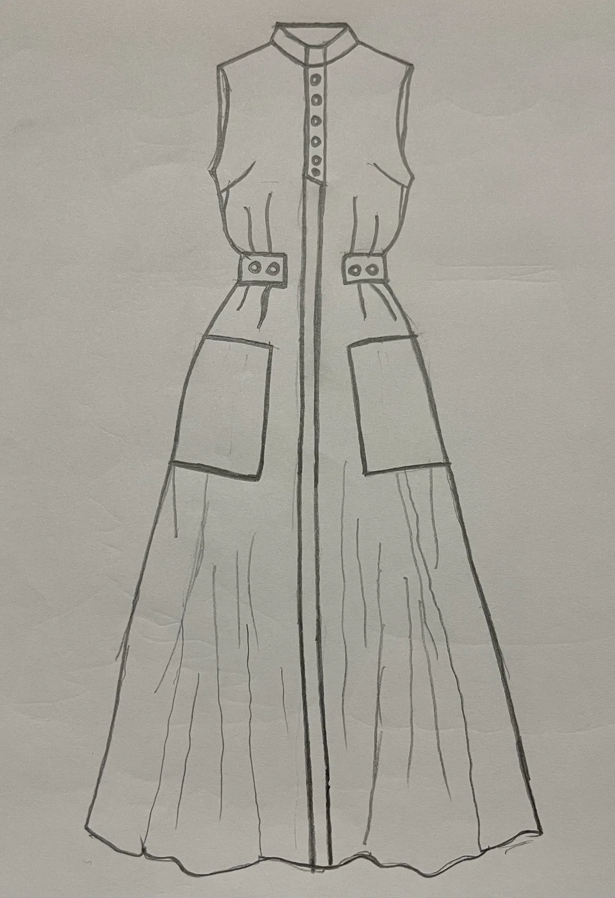 Hand-drawn front and back design sketch of the Off-Shoulder Dress on DIYO