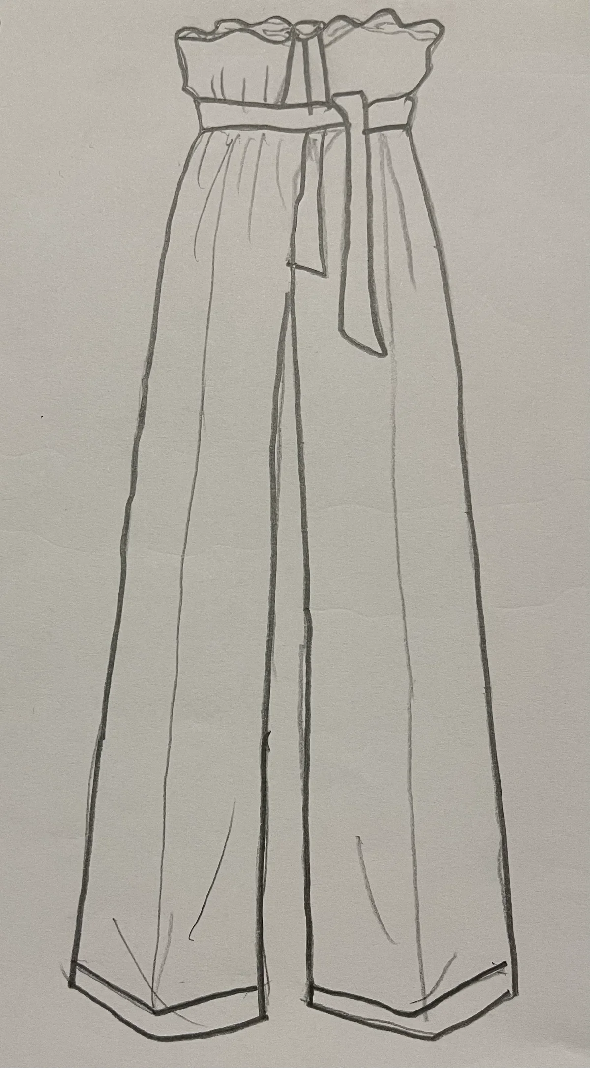 Hand-drawn front and back design sketch of the Paper Bag Pants on DIYO