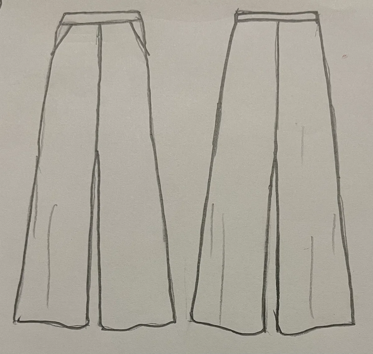 Hand-drawn front and back design sketch of the Cigarette Pants on DIYO