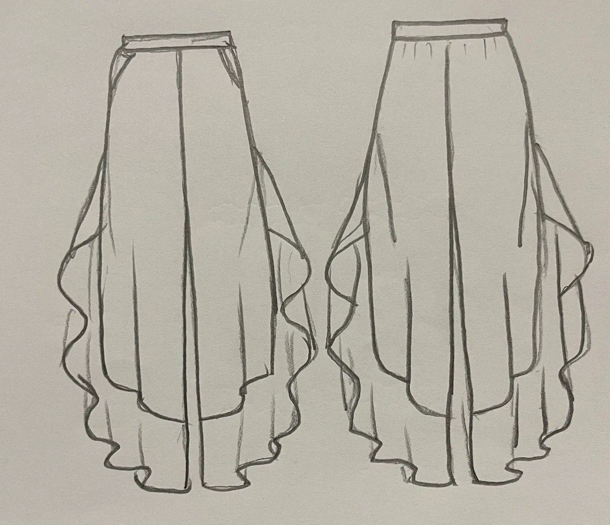 Hand-drawn front and back design sketch of the Cargo Pants on DIYO