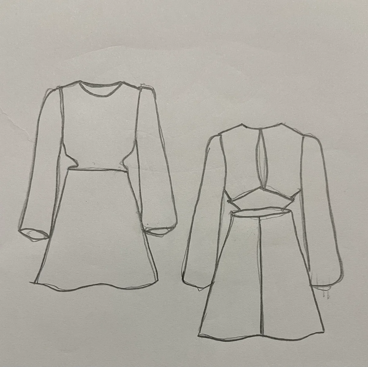 Hand-drawn front and back design sketch of the Shirt Dress Mini on DIYO