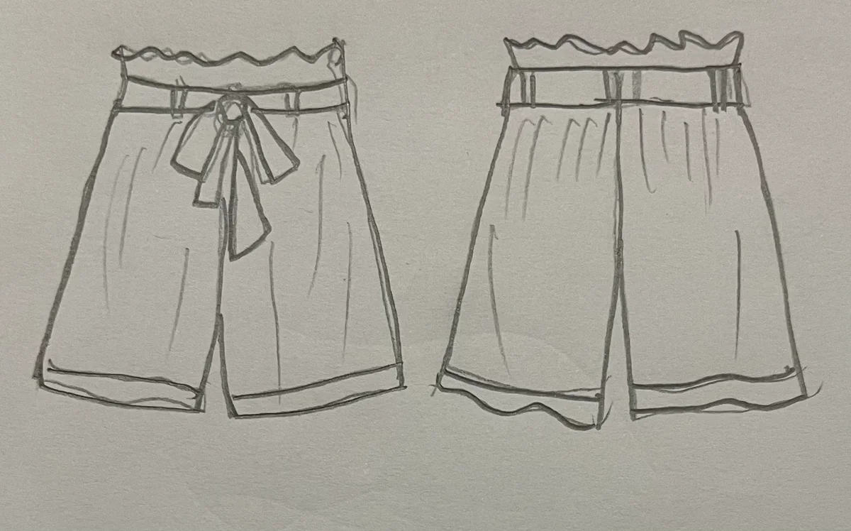 Hand-drawn front and back design sketch of the Denim Shorts on DIYO
