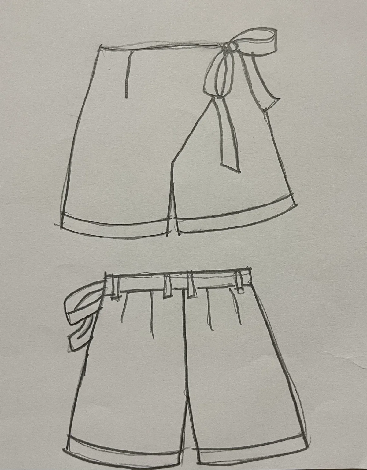 Hand-drawn front and back design sketch of the High-Waisted Shorts on DIYO