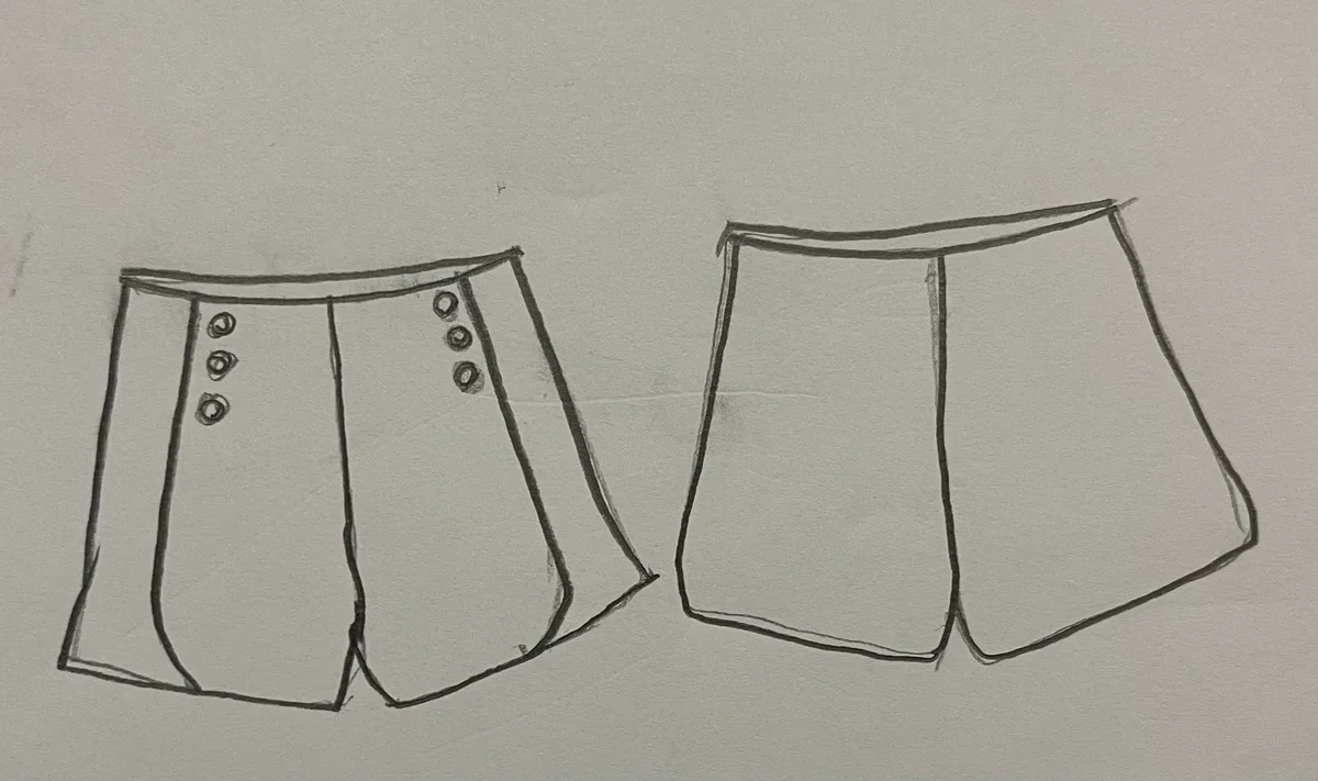 Hand-drawn front and back design sketch of the Athletic Shorts on DIYO
