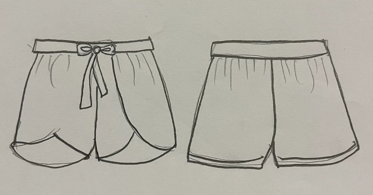 Hand-drawn front and back design sketch of the Tailored Shorts on DIYO