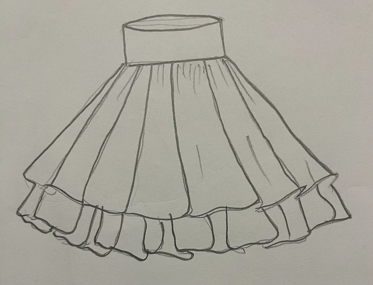 Hand-drawn front and back design sketch of the Box Pleated Skirt on DIYO