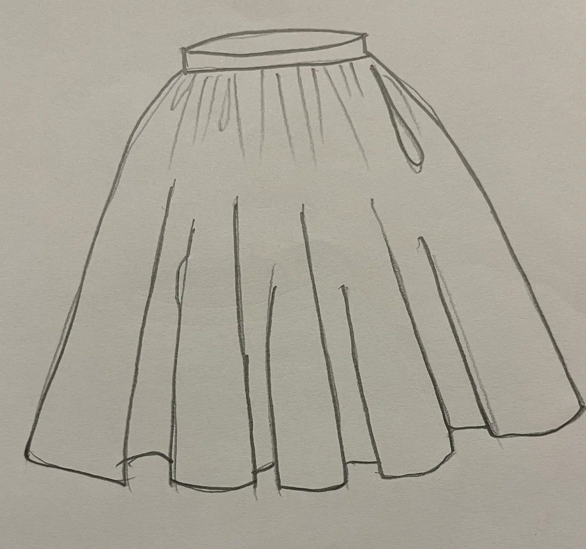 Hand-drawn front and back design sketch of the Godet Skirt on DIYO