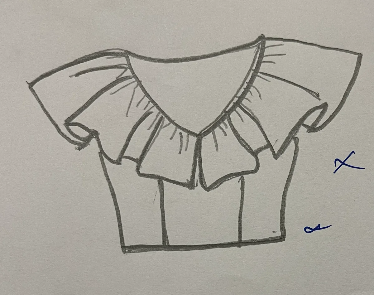 Hand-drawn front and back design sketch of the Cold-Shoulder Top on DIYO
