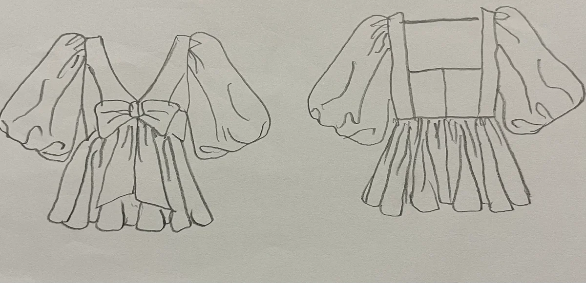 Hand-drawn front and back design sketch of the Peasant Top on DIYO