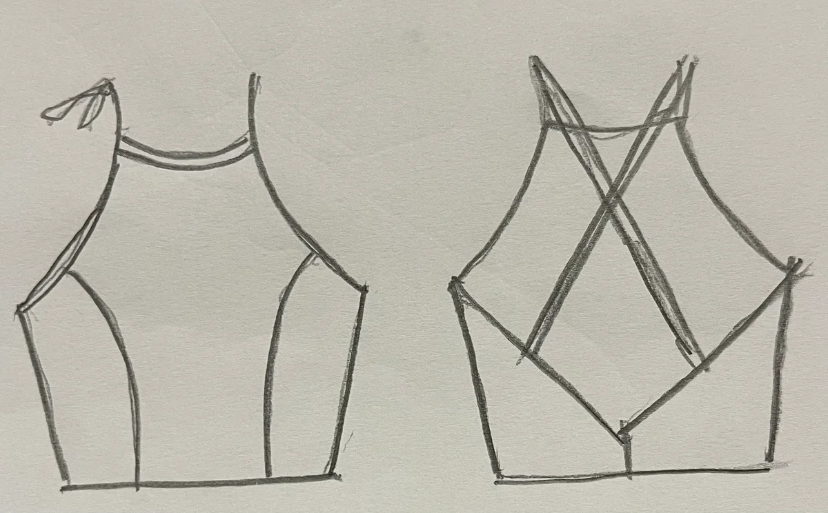 Hand-drawn front and back design sketch of the Boat Neck Top on DIYO