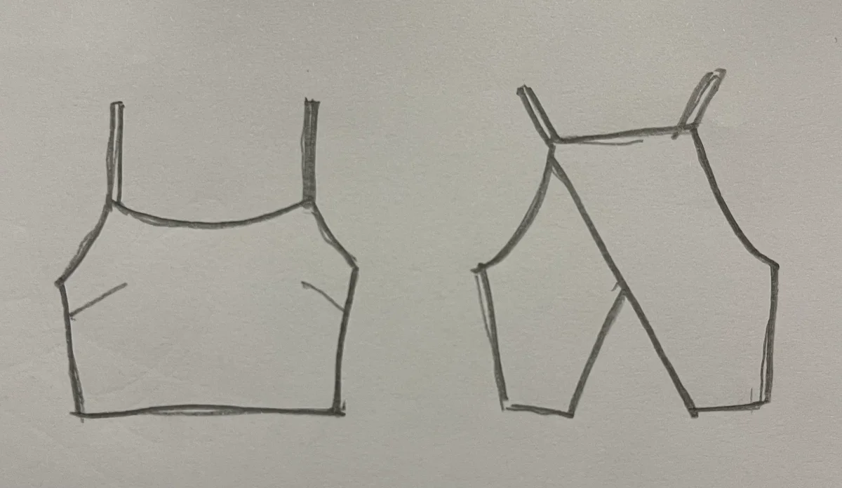 Hand-drawn front and back design sketch of the Keyhole Top on DIYO