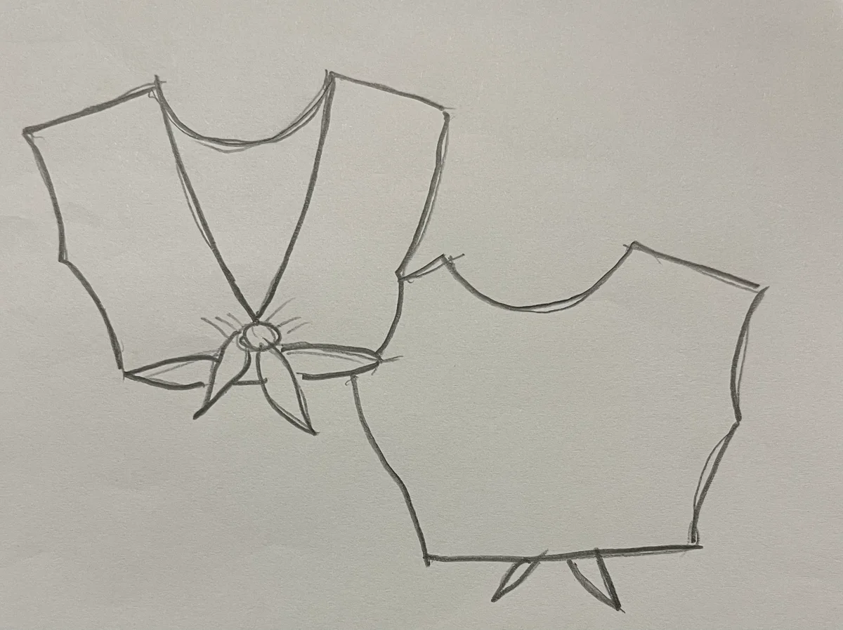 Hand-drawn front and back design sketch of the Cut-Out Top on DIYO