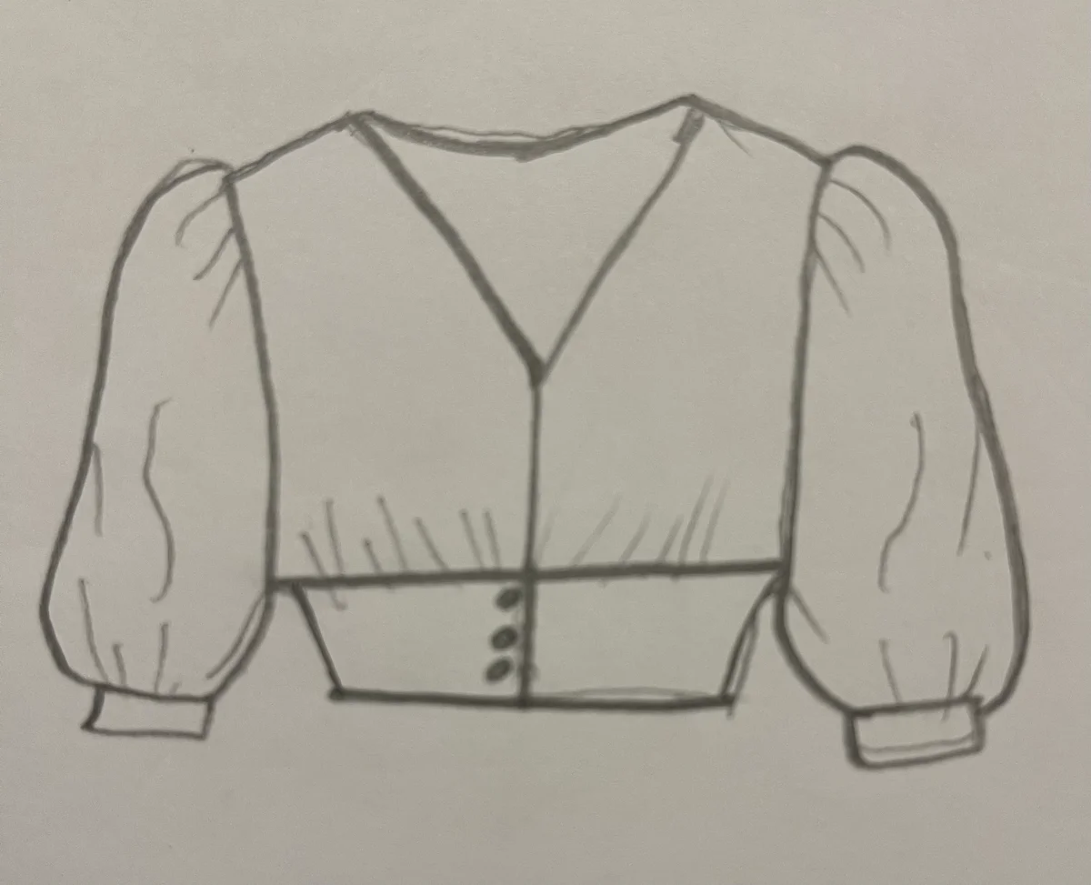 Hand-drawn front and back design sketch of the Flutter Sleeve Top on DIYO