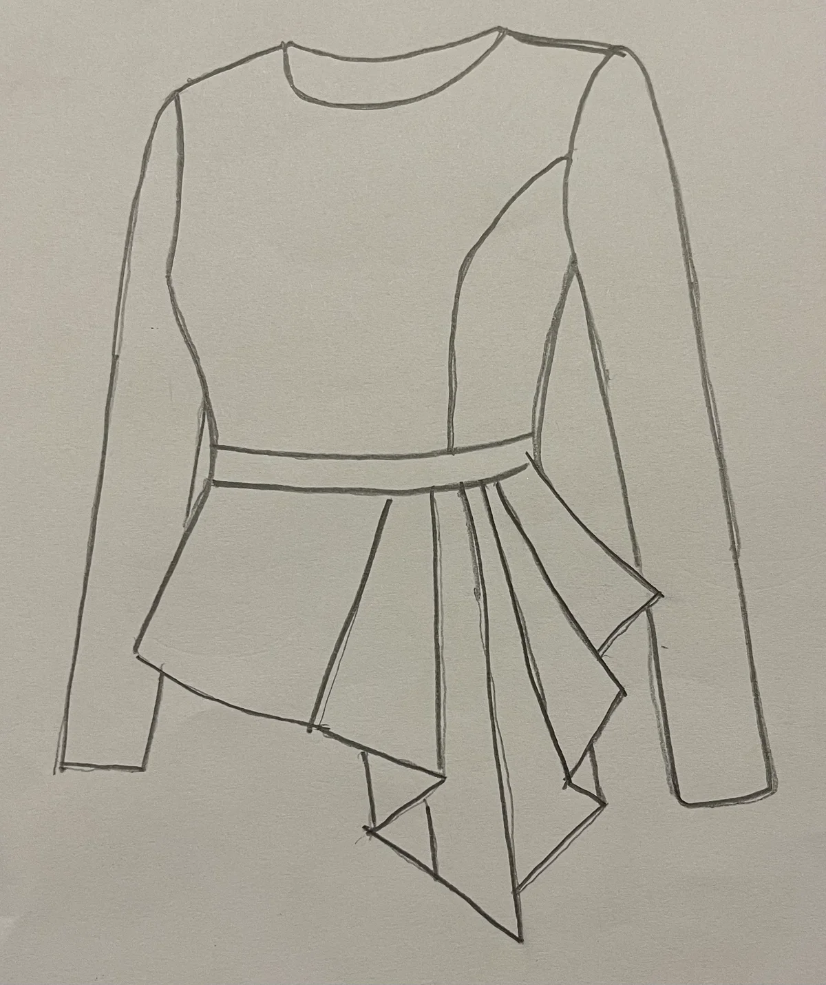 Hand-drawn front and back design sketch of the One-Shoulder Top on DIYO