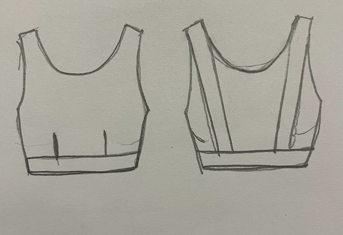 Hand-drawn front and back design sketch of the High-Low Hem Top on DIYO