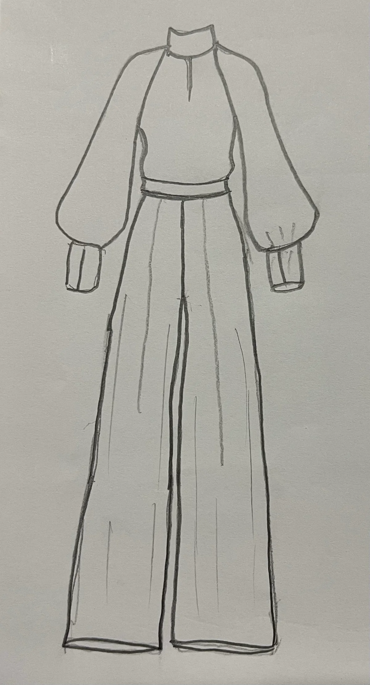 Hand-drawn front and back design sketch of the Long Sleeve Jumpsuit on DIYO