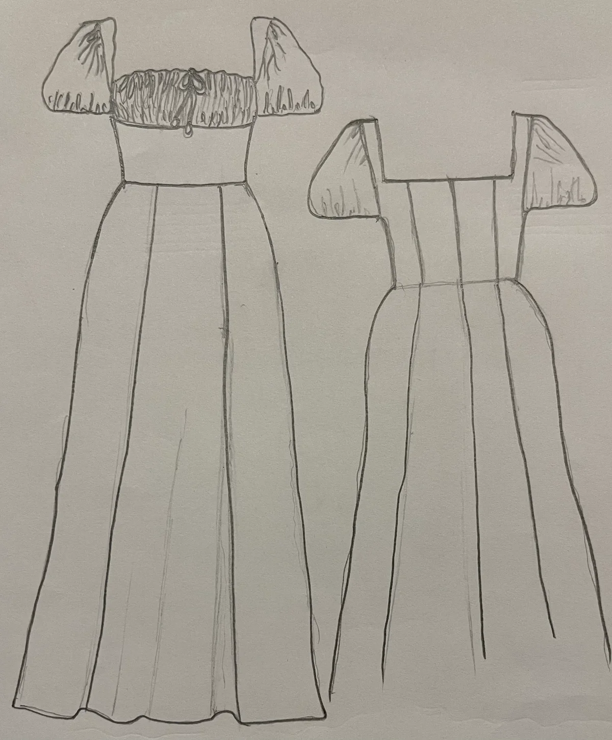 Hand-drawn front and back design sketch of the Empire Waist Dress on DIYO