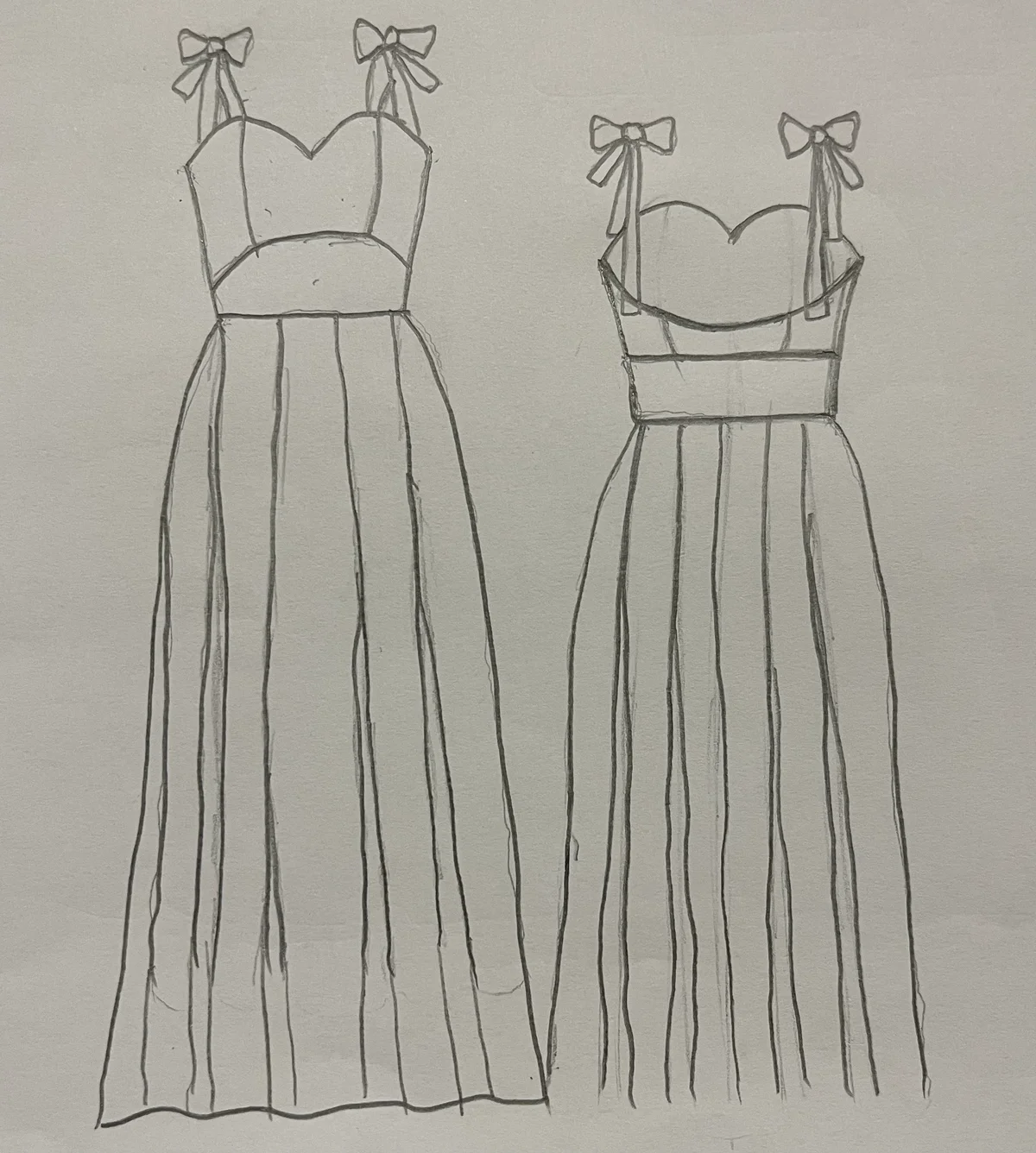 Hand-drawn front and back design sketch of the Asymmetric Dress on DIYO