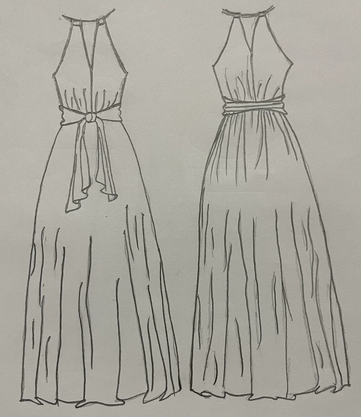 Hand-drawn front and back design sketch of the Halter Neck Dress on DIYO