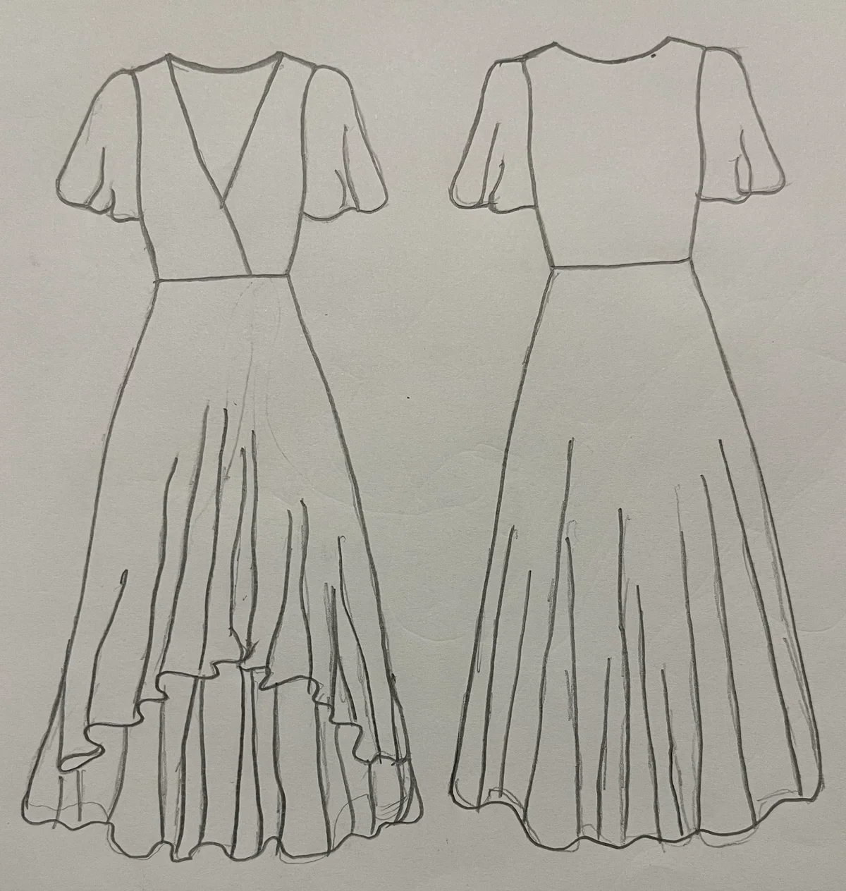 Hand-drawn front and back design sketch of the Kaftan Dress on DIYO