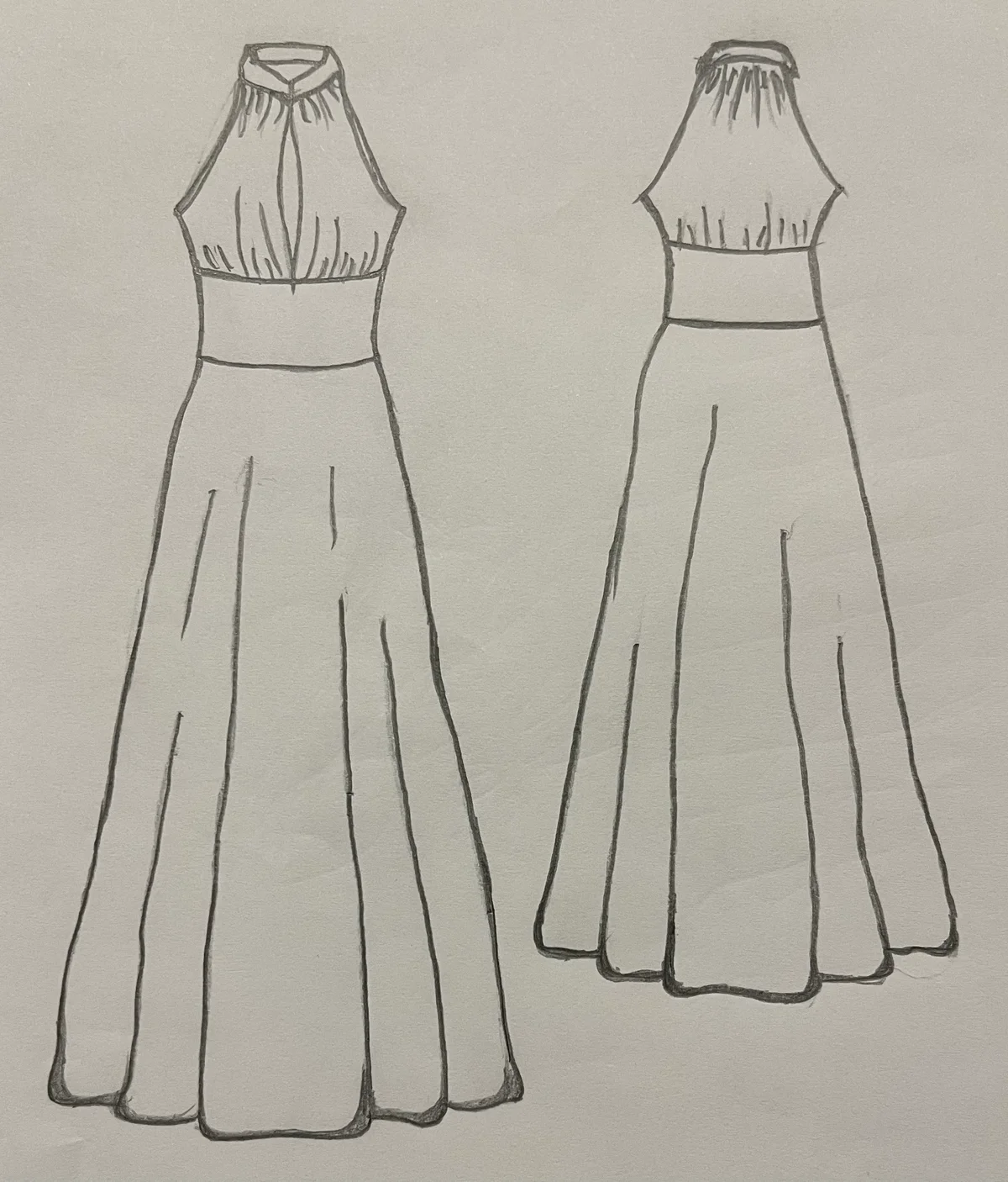 Hand-drawn front and back design sketch of the Elegant A-Line Dress on DIYO