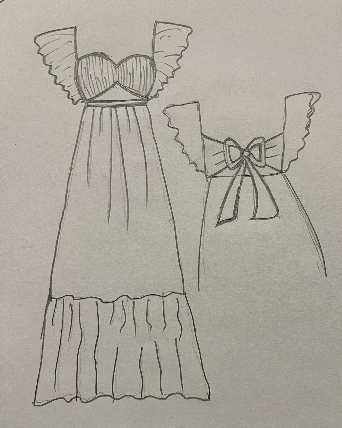 Hand-drawn front and back design sketch of the Bardot Dress on DIYO