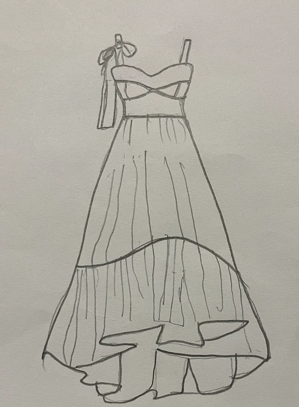 Hand-drawn front and back design sketch of the Ruffle Dress on DIYO