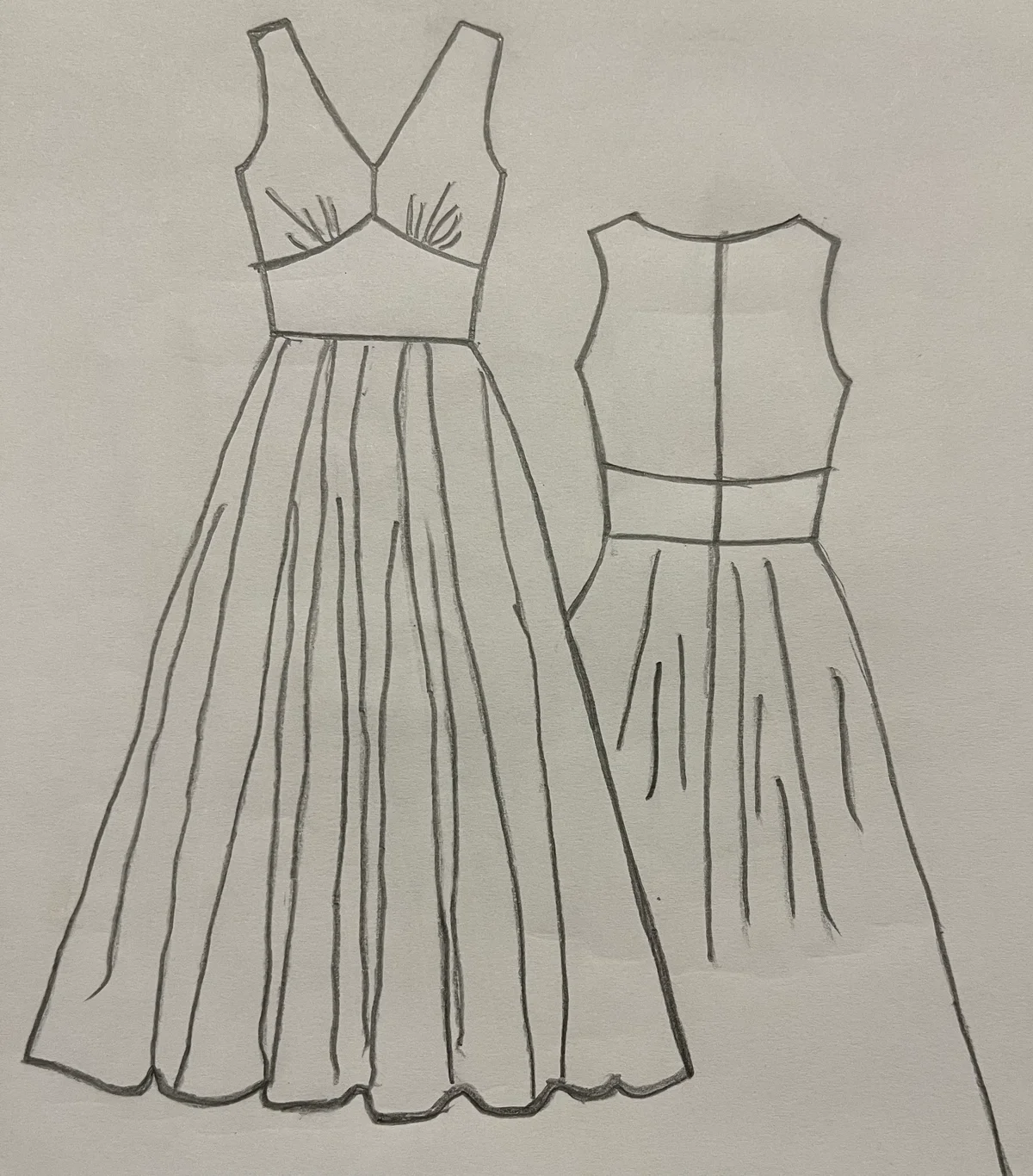 Hand-drawn front and back design sketch of the Boho Maxi Dress on DIYO
