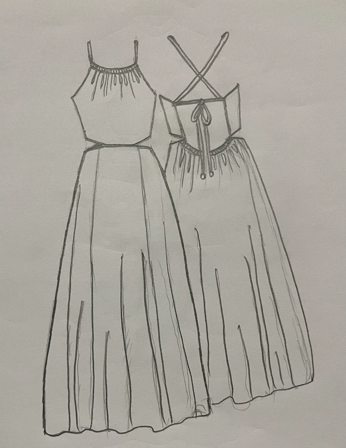 Hand-drawn front and back design sketch of the Fit & Flare Dress on DIYO