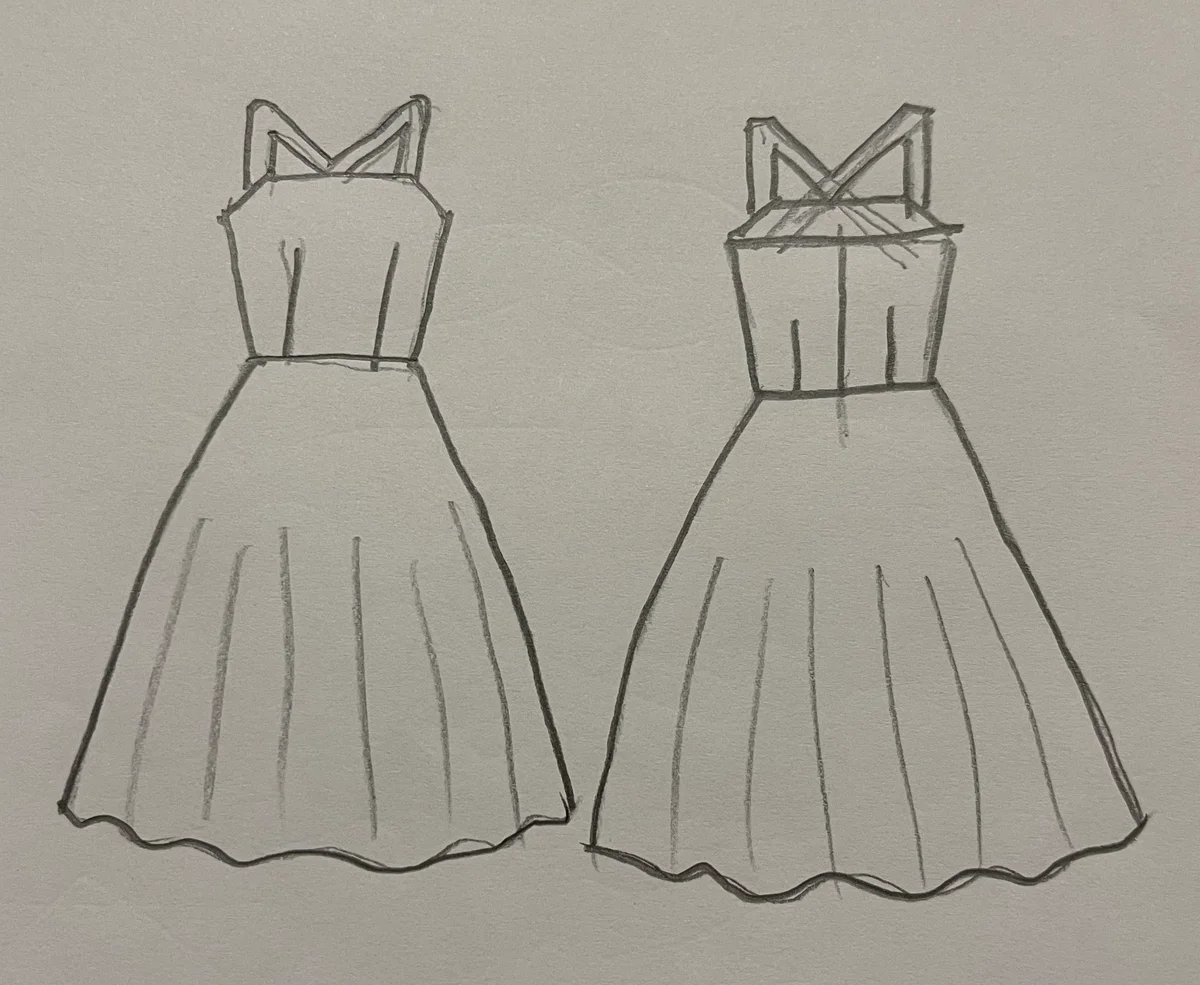 Hand-drawn front and back design sketch of the Ruffle Mini Dress on DIYO