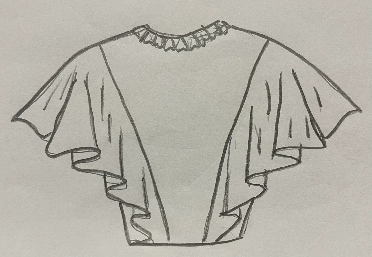 Hand-drawn front and back design sketch of the Ruffled Top on DIYO