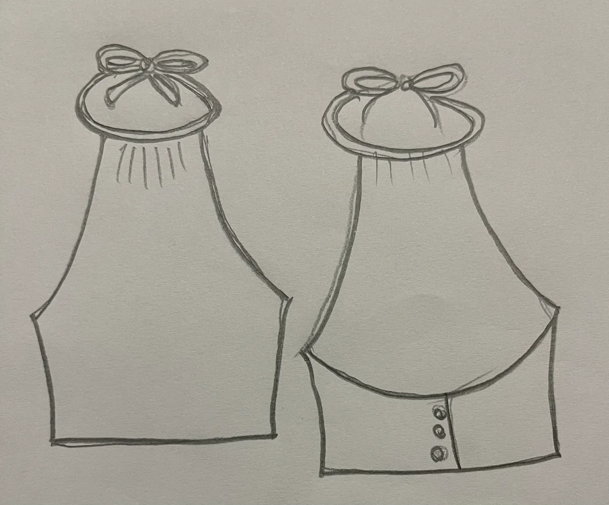 Hand-drawn front and back design sketch of the Sweetheart Neck Top on DIYO