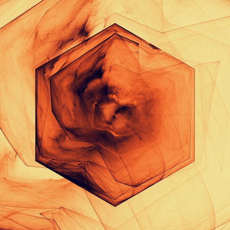 Orange and black hexagon against pale tan background, with many distorted echoes bouncing around the image