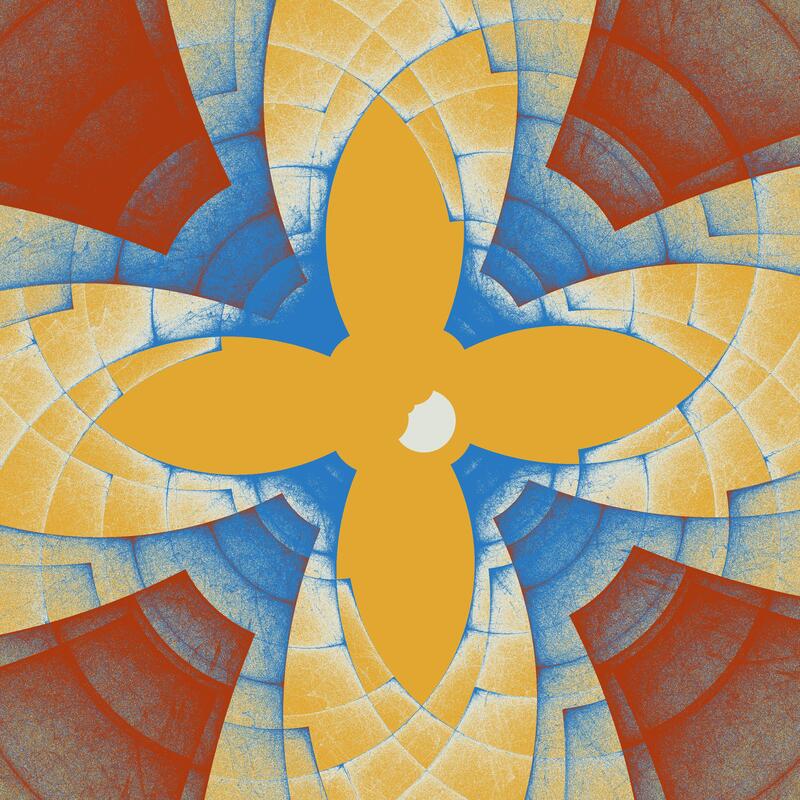 Geometric tiling pattern with a four-petal radial structure in yellow, blue, and red
