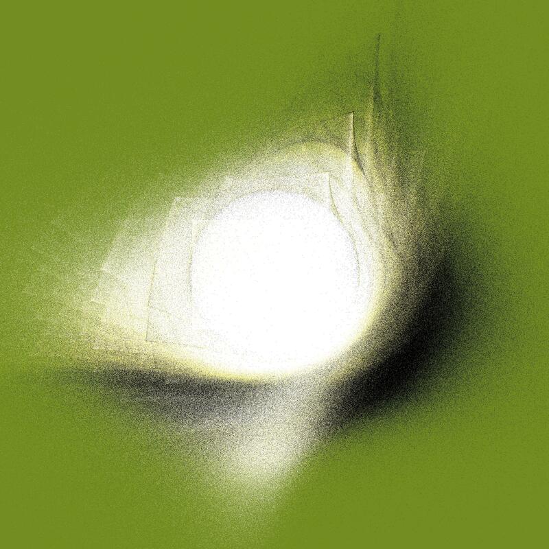 A white ball of light that appears to transform into rectangular shapes, against a green background, with a black shadow