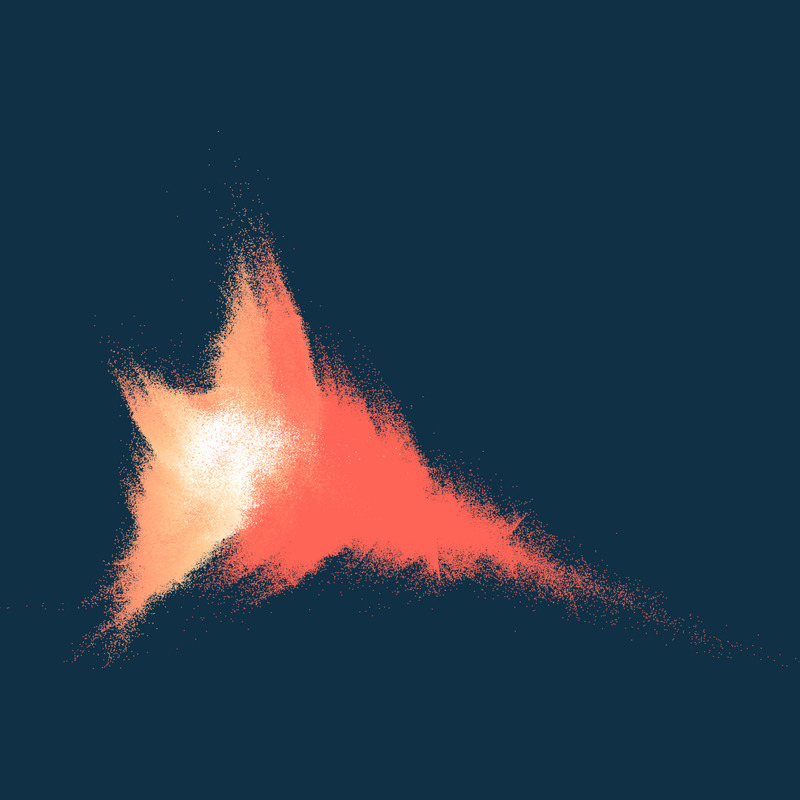 Grainy, triangular shaped flow pattern in red, white, and orange, against a dark blue background