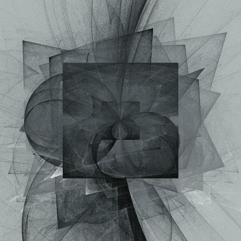 Dark, grainy greyscale image with many squares, circles and distorted arcs