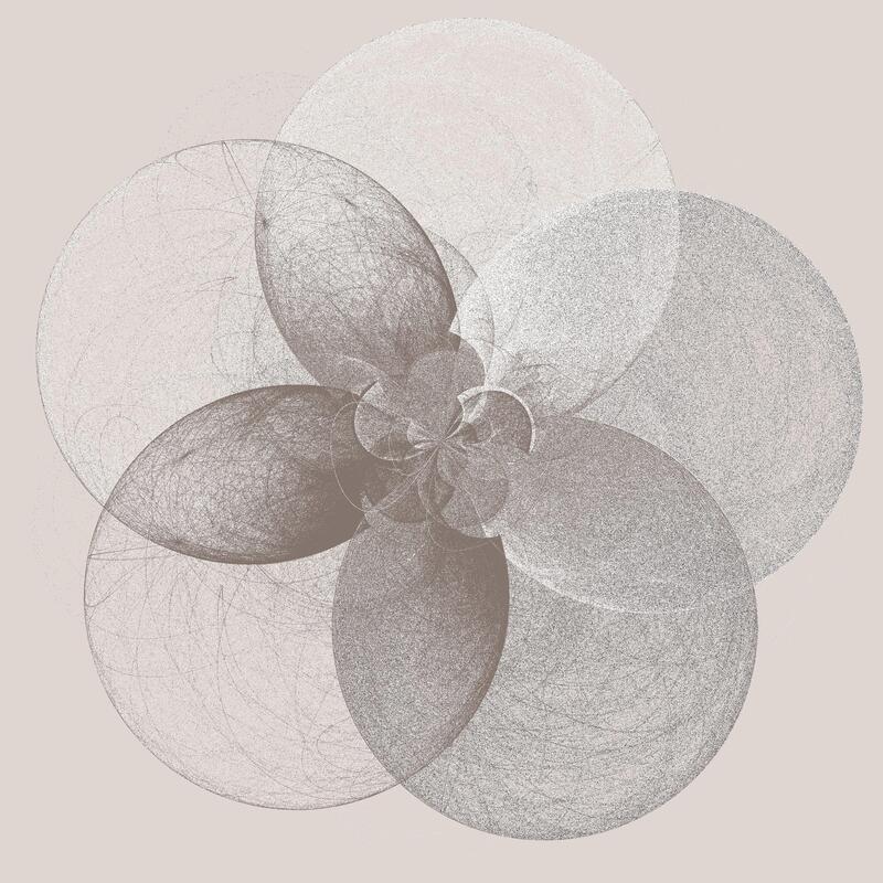 Grainy greyscale image made from five intersecting circles with numerous paths creating a textured look