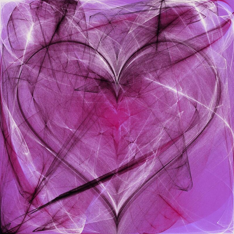 A black and white outline of a heart against a purple background, with chaotic arcs swirling around it