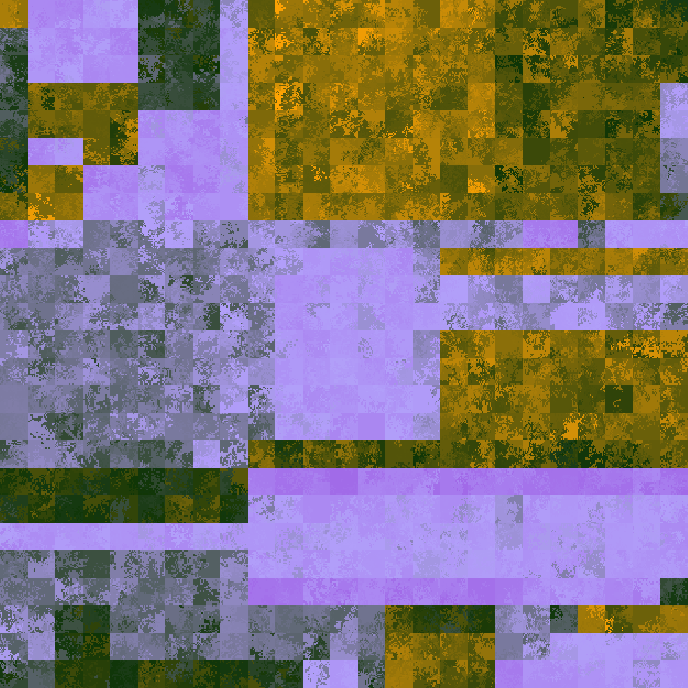 A 25x25 grid of square cells whose dominant colours give the impressions of rectangular forms in purple and gole, and whose interior are spatial patterns