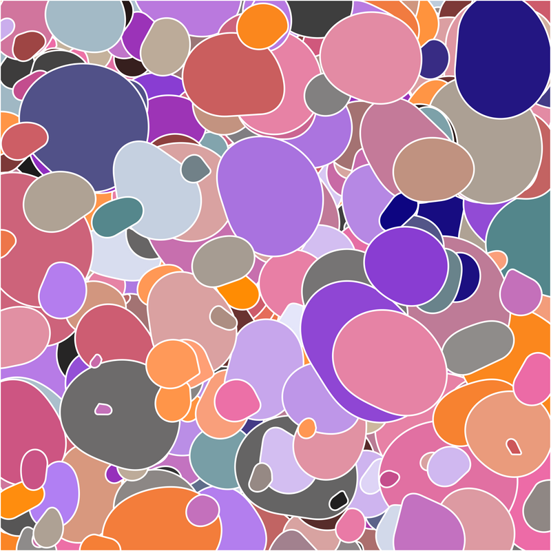 Many smooth, vaguely-ellipsoidal blobs that looks a little like jellybeans, in a variety of colours