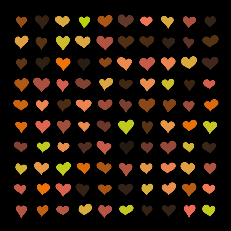 A 10x10 grid of wonky hearts in shades of brown and green, against a black background