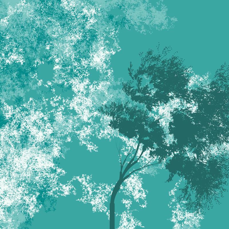 Silhouette of a tree waving in the wind against a cloudy background, all in shades of teal and white