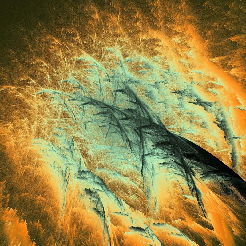 Feather-shaped grainy patterns in black, blue, and orange against a dark grey background